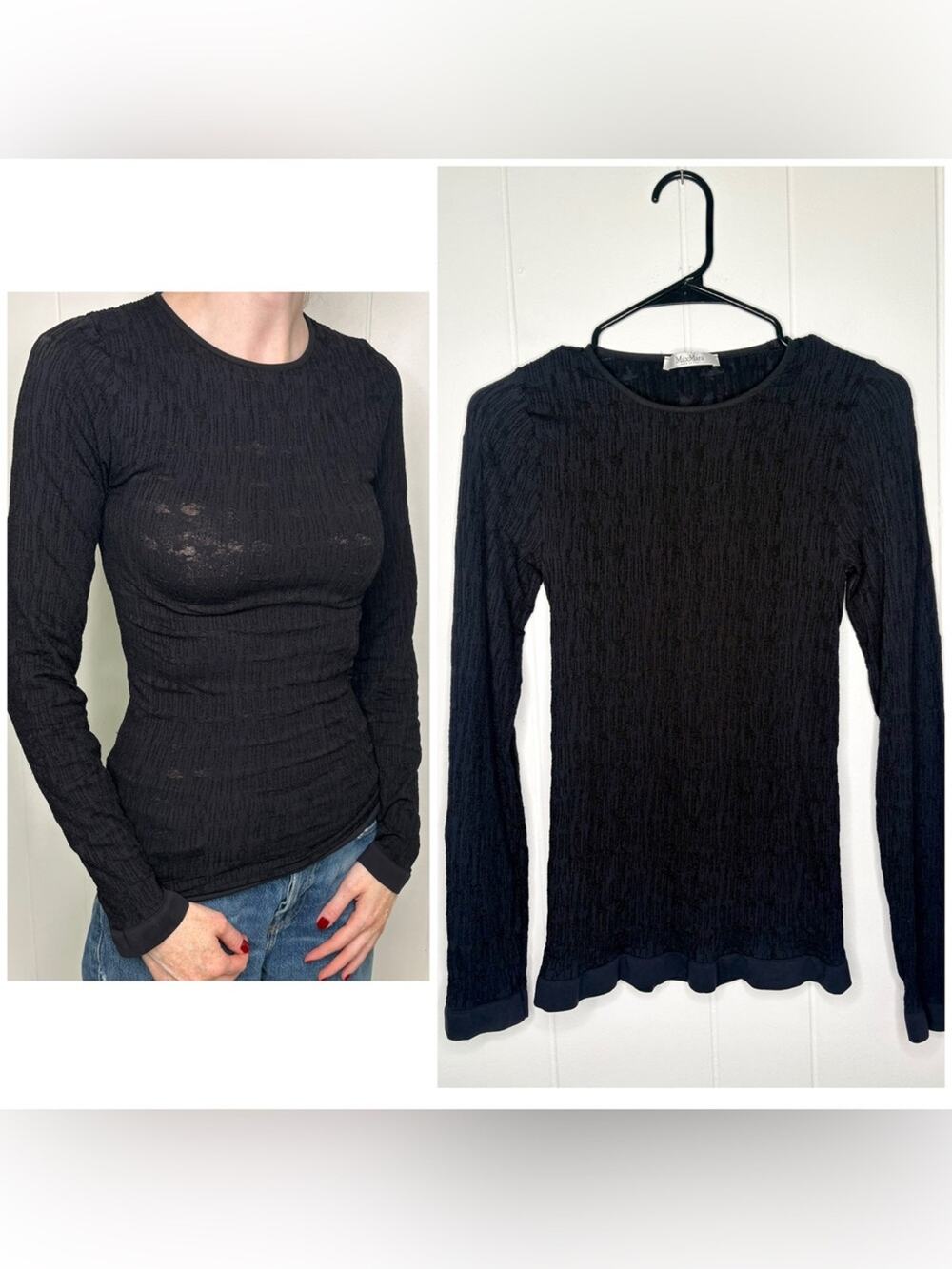 MAXMARA Black Textured Tight Fitting Long Sleeve Shirt Sheer Sexy Size Small